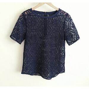 Banana Republic Size Small Navy Blue Sheer Crotchet Lace Blouse Top Zip Backh